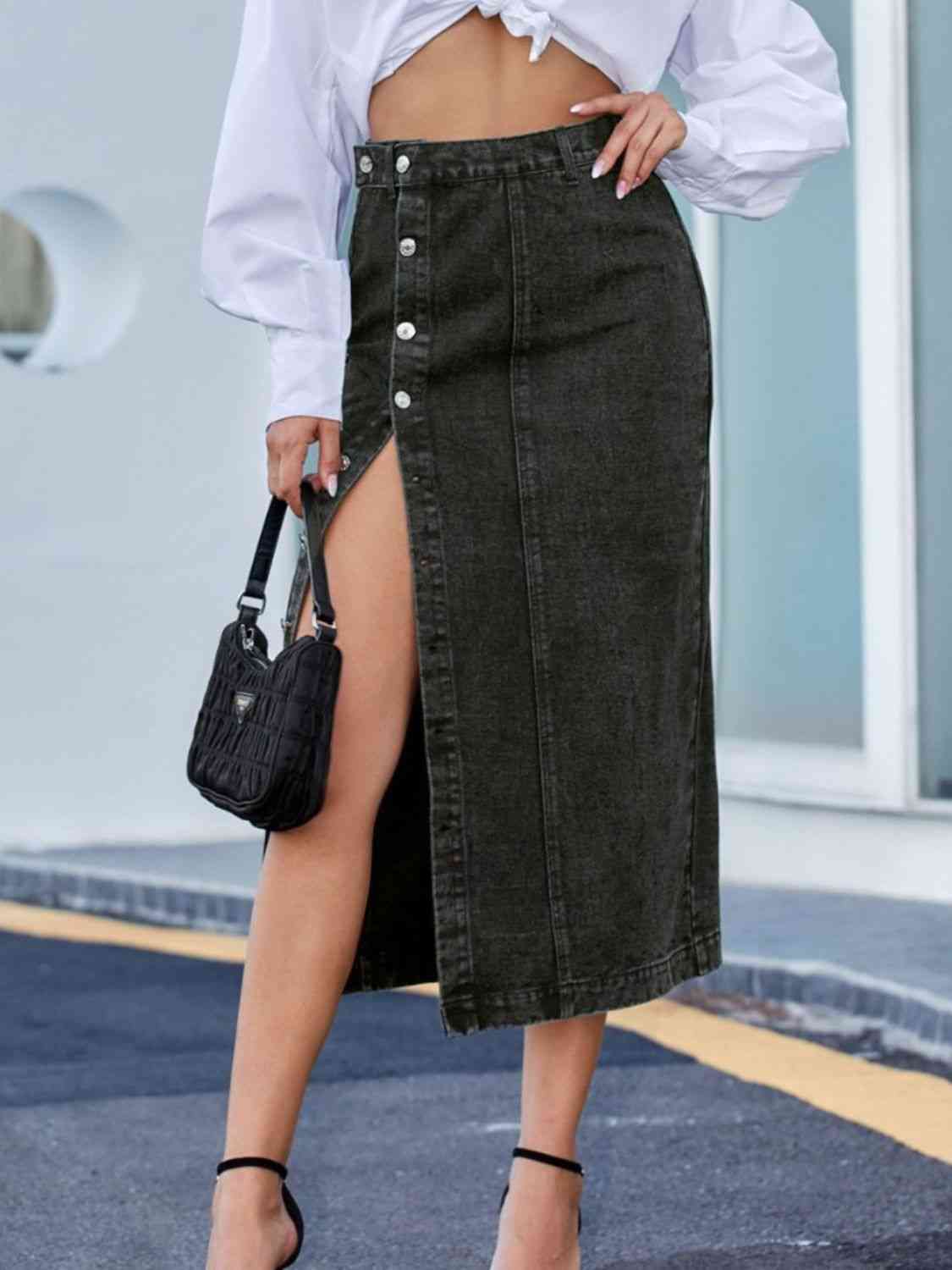 Button Down Midi Denim Skirt