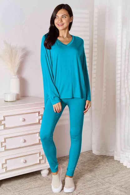 V Neck Soft Rayon Long Sleeve Top and Pants Lounge Set