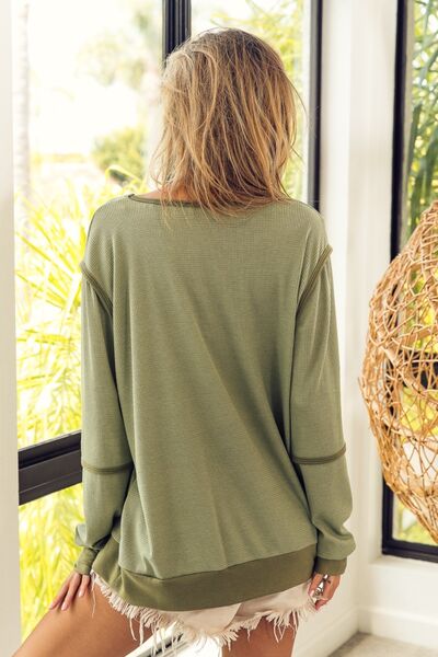 BiBi Waffle Knit Contrast Trim Long Sleeve T Shirt