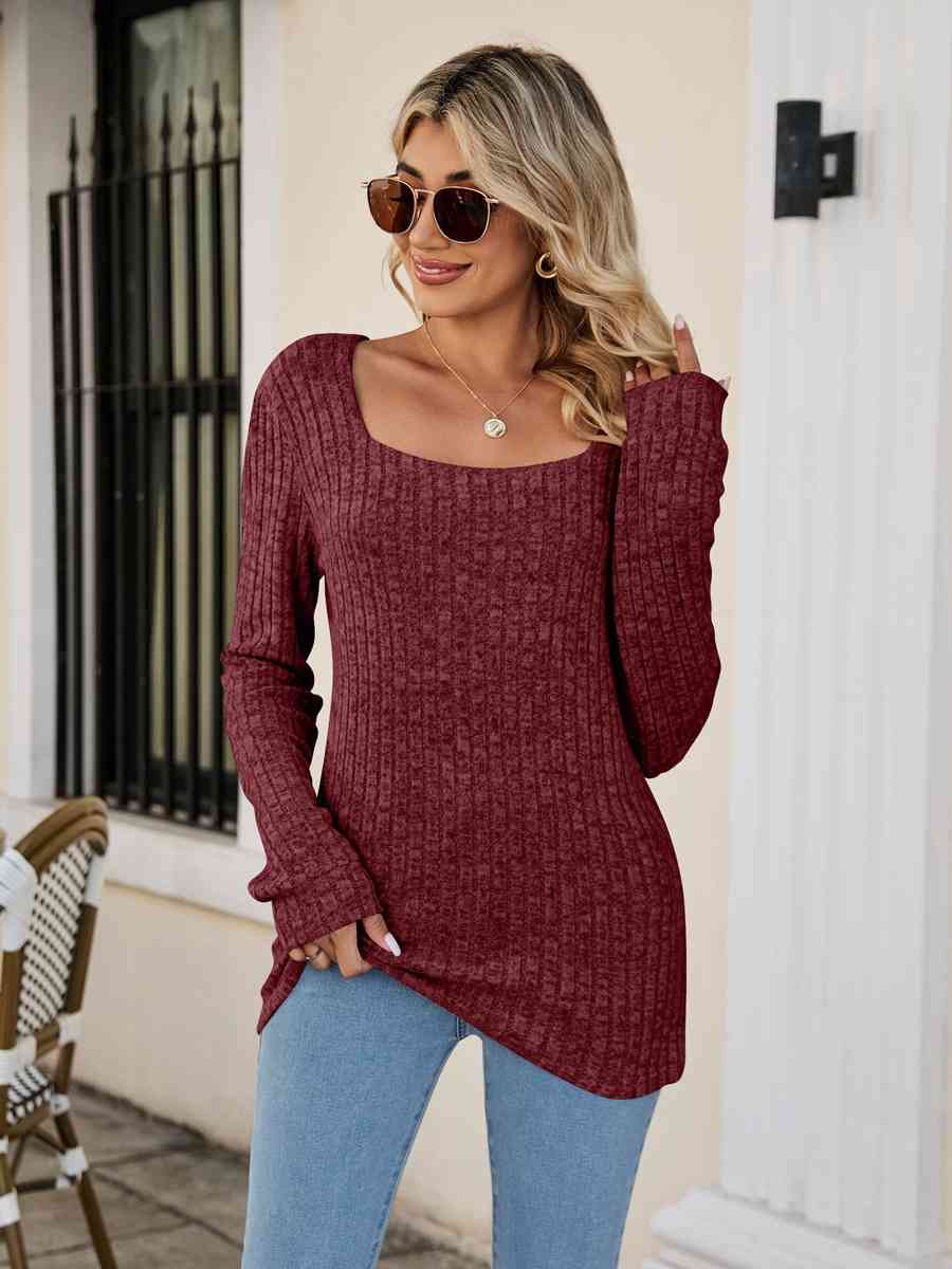 Square Neck Ribbed Long Sleeve T Shirt