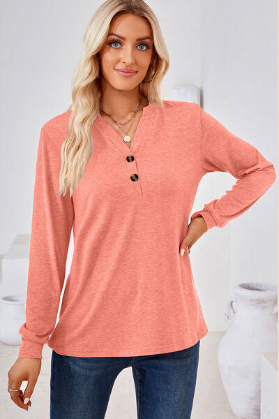 Notched Button Detail Long Sleeve T Shirt