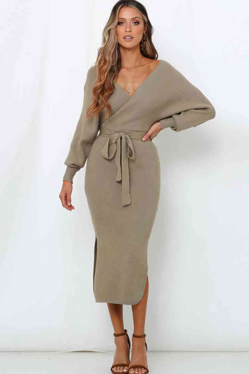 Surplice Neck Bow Waist Slit Sweater Dress