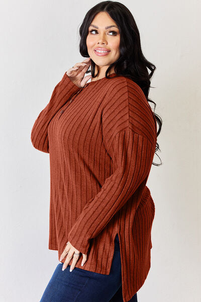 Full Size Ribbed Half Button Long Sleeve High Low T Shirt