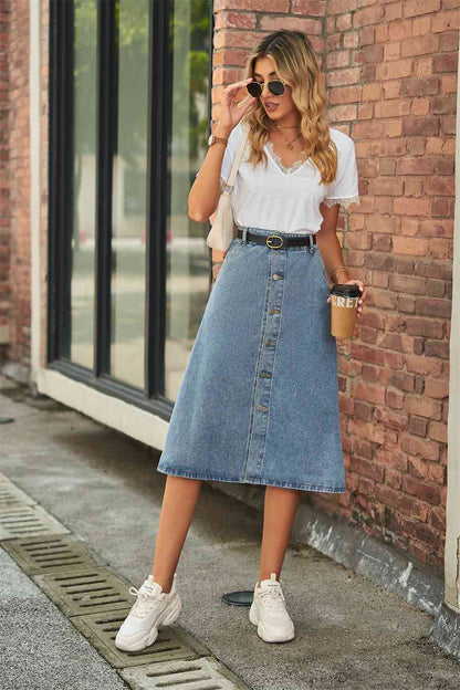 Button Front A Line Denim Skirt