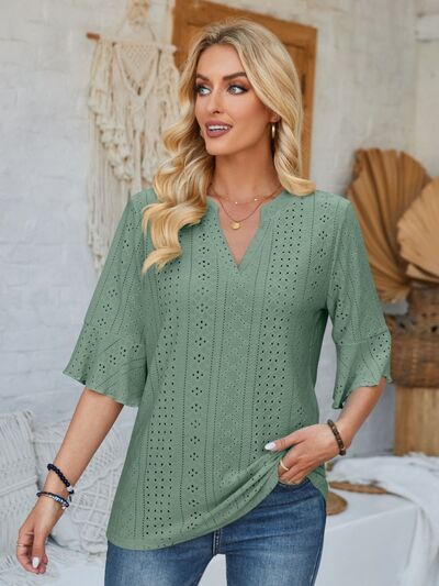 Eyelet Notched Half Sleeve T Shirt