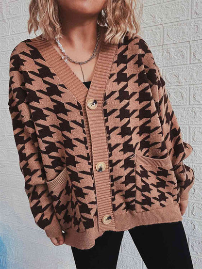 Houndstooth Botton Front Cardigan with Pockets