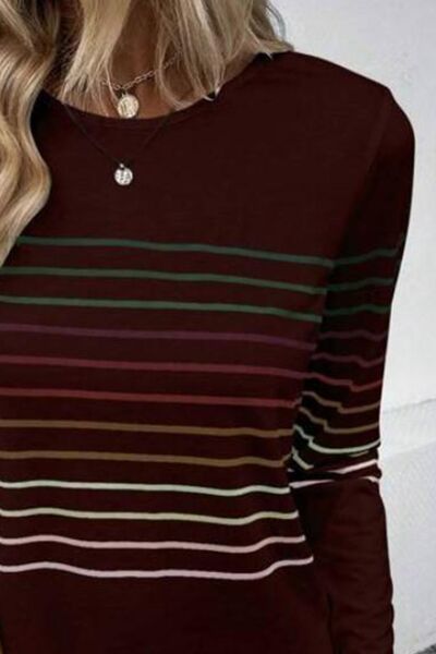 Striped Round Neck Long Sleeve T Shirt