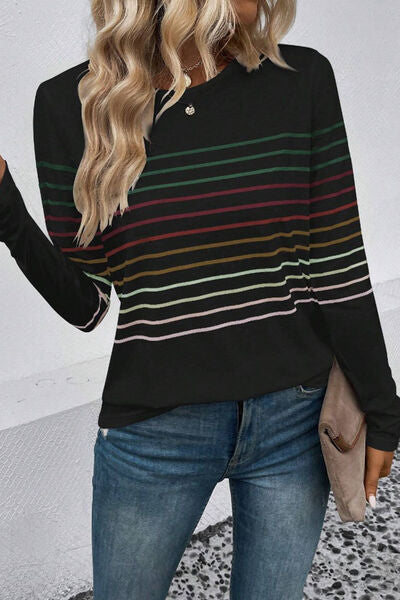 Striped Round Neck Long Sleeve T Shirt