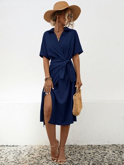 Tied Slit Short Sleeve Dress Casual Dress