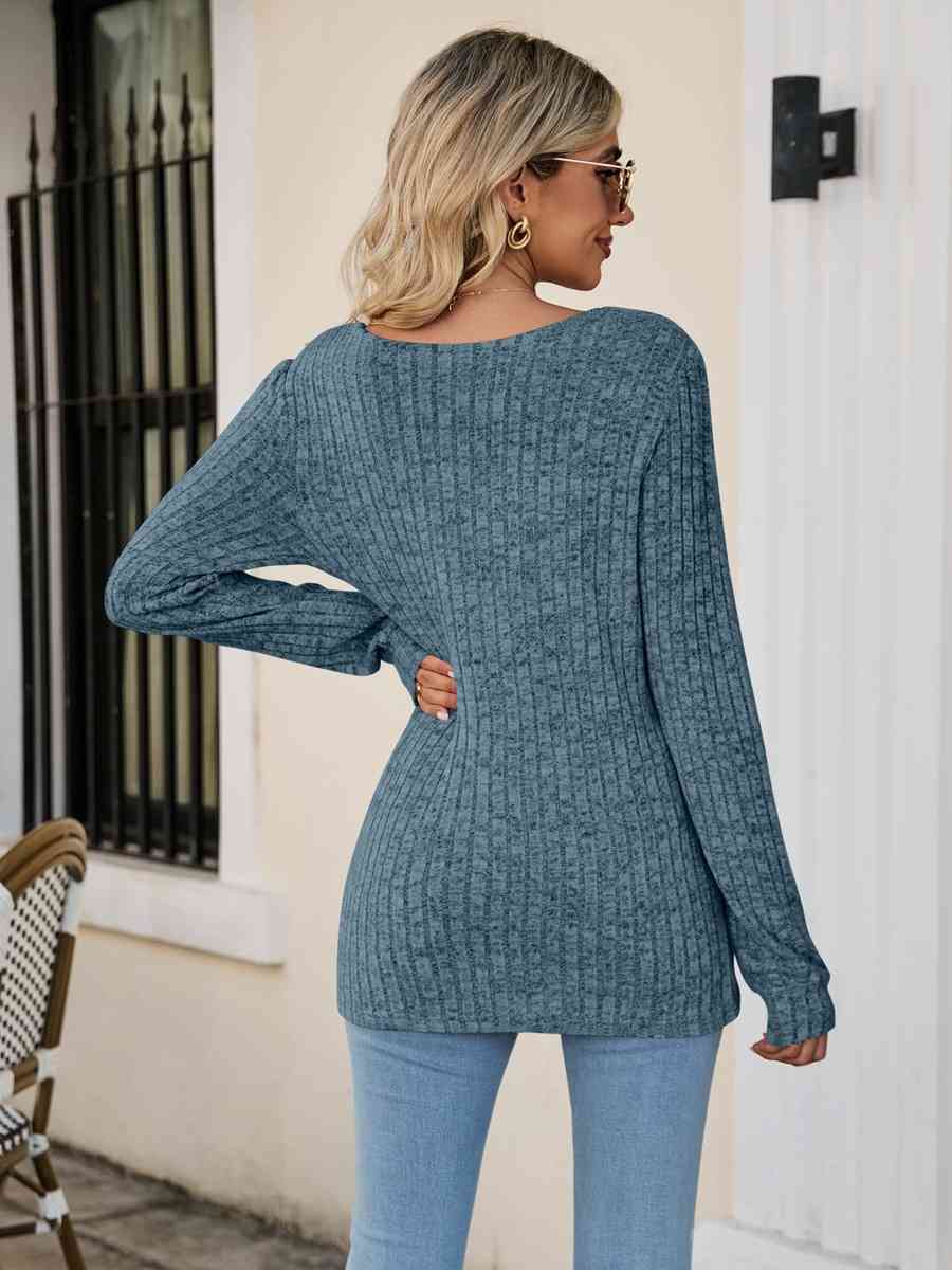 Square Neck Ribbed Long Sleeve T Shirt