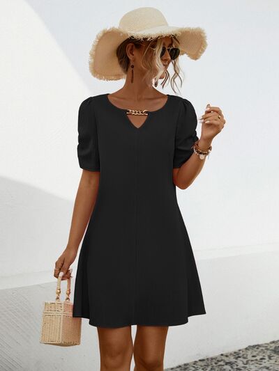 Chain Notched Short Sleeve Casual Dress