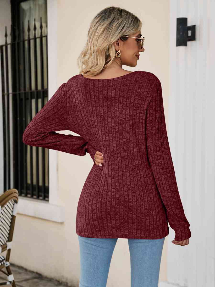 Square Neck Ribbed Long Sleeve T Shirt