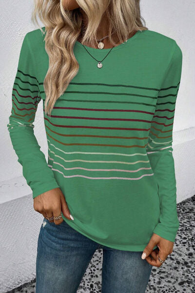 Striped Round Neck Long Sleeve T Shirt