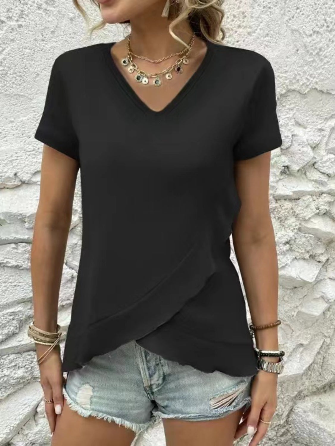 V Neck Short Sleeve Blouse