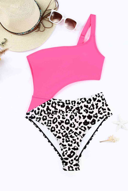 Leopard Cutout One Shoulder One Piece Swimsuit