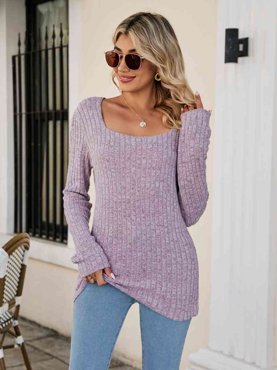 Square Neck Ribbed Long Sleeve T Shirt