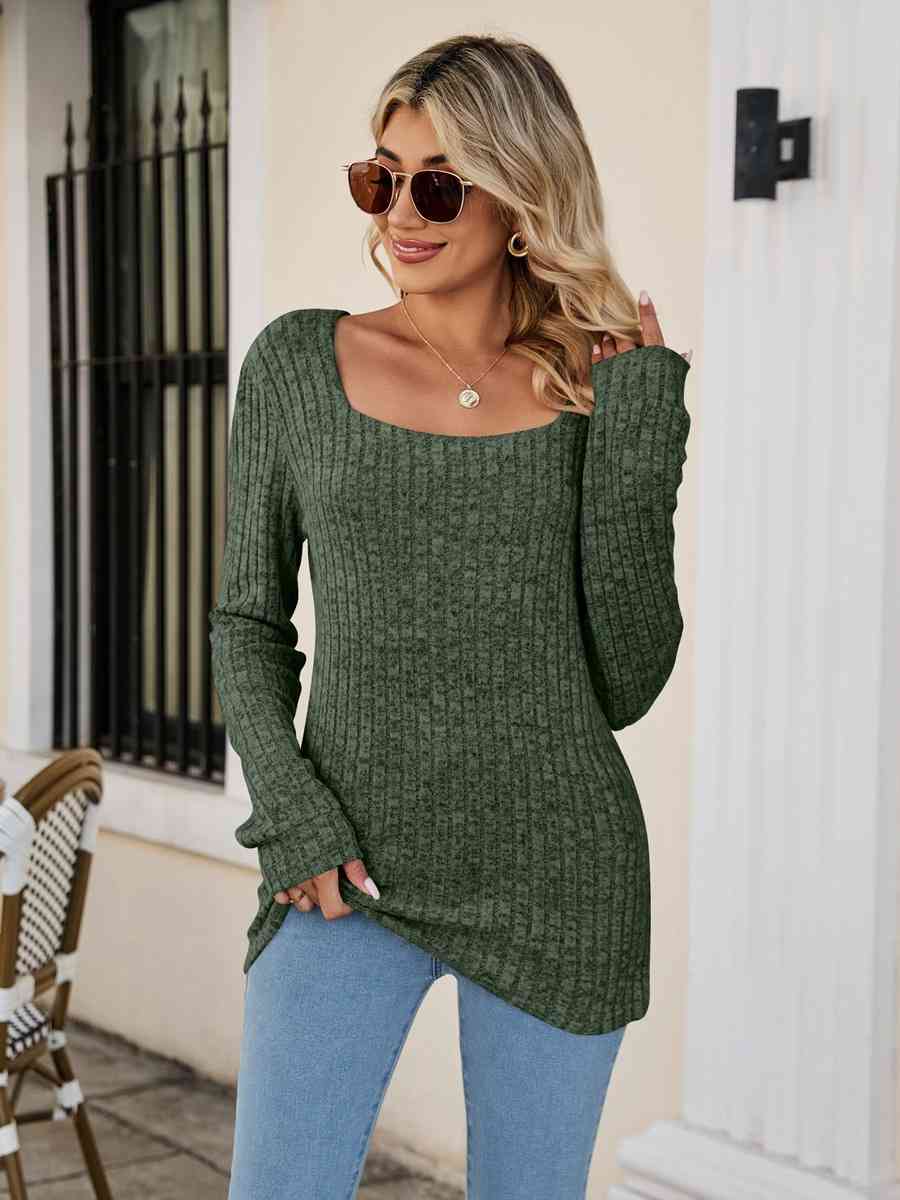 Square Neck Ribbed Long Sleeve T Shirt