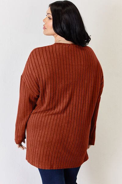 Full Size Ribbed Half Button Long Sleeve High Low T Shirt