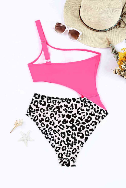 Leopard Cutout One Shoulder One Piece Swimsuit