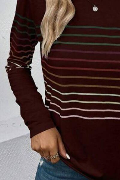 Striped Round Neck Long Sleeve T Shirt