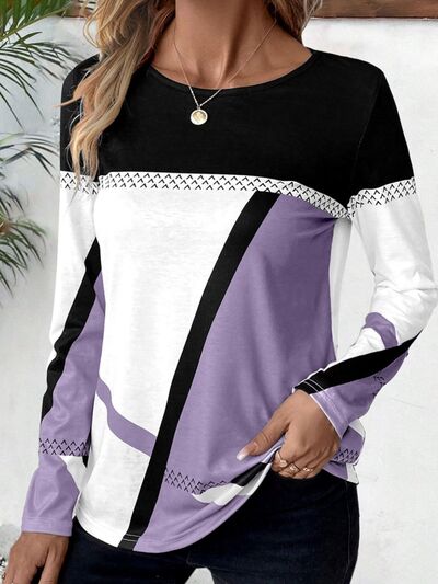 Contrast Round Neck Long Sleeve Tops