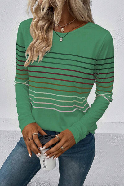 Striped Round Neck Long Sleeve T Shirt