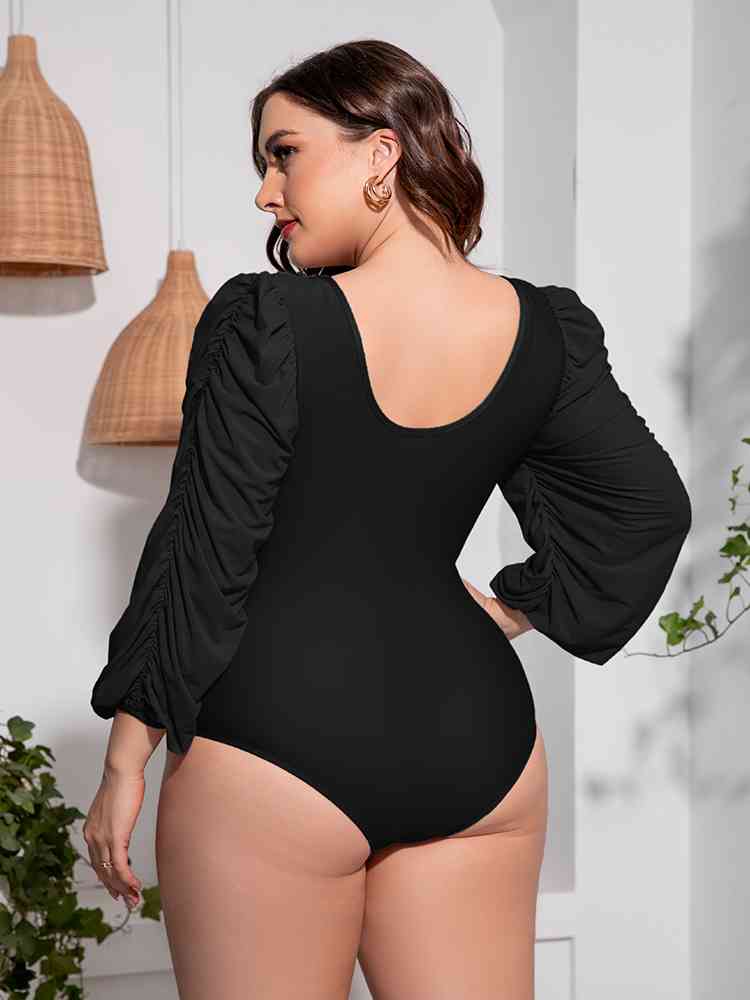 Plus Size Tied Deep V Balloon Sleeve One Piece Swimsuit