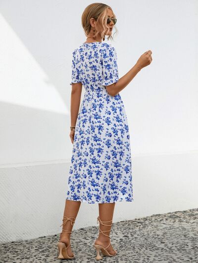 Slit Printed V Neck Short Sleeve Casual Dress