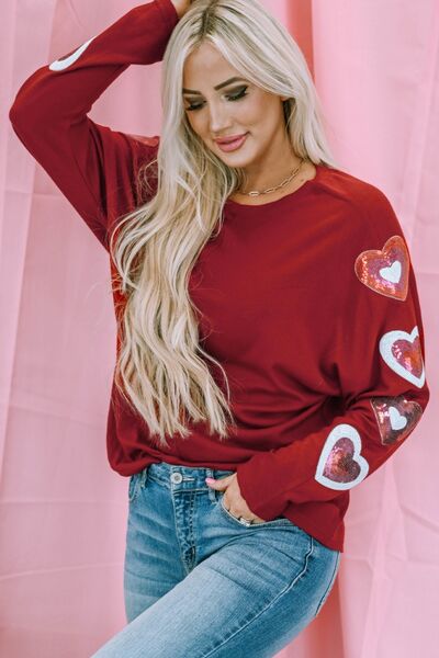 Heart Sequin Round Neck Long Sleeve T Shirt